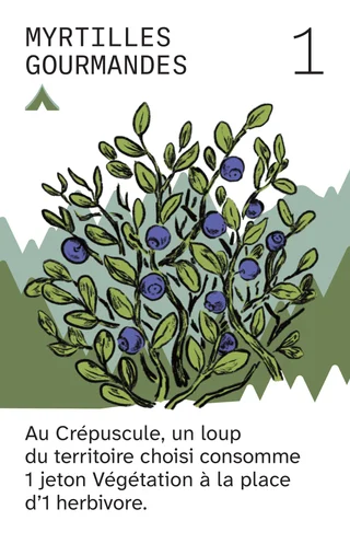 Myrtilles gourmandes, 1 : au Crépuscule, un loup du territoire choisi consomme 1 jeton Végétation à la place d’1 herbivore.