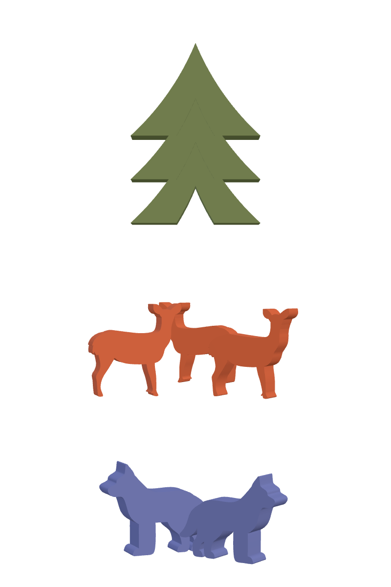 Les pièces du jeu : un arbre vert à trois étages, trois biches orange et deux loups bleus.